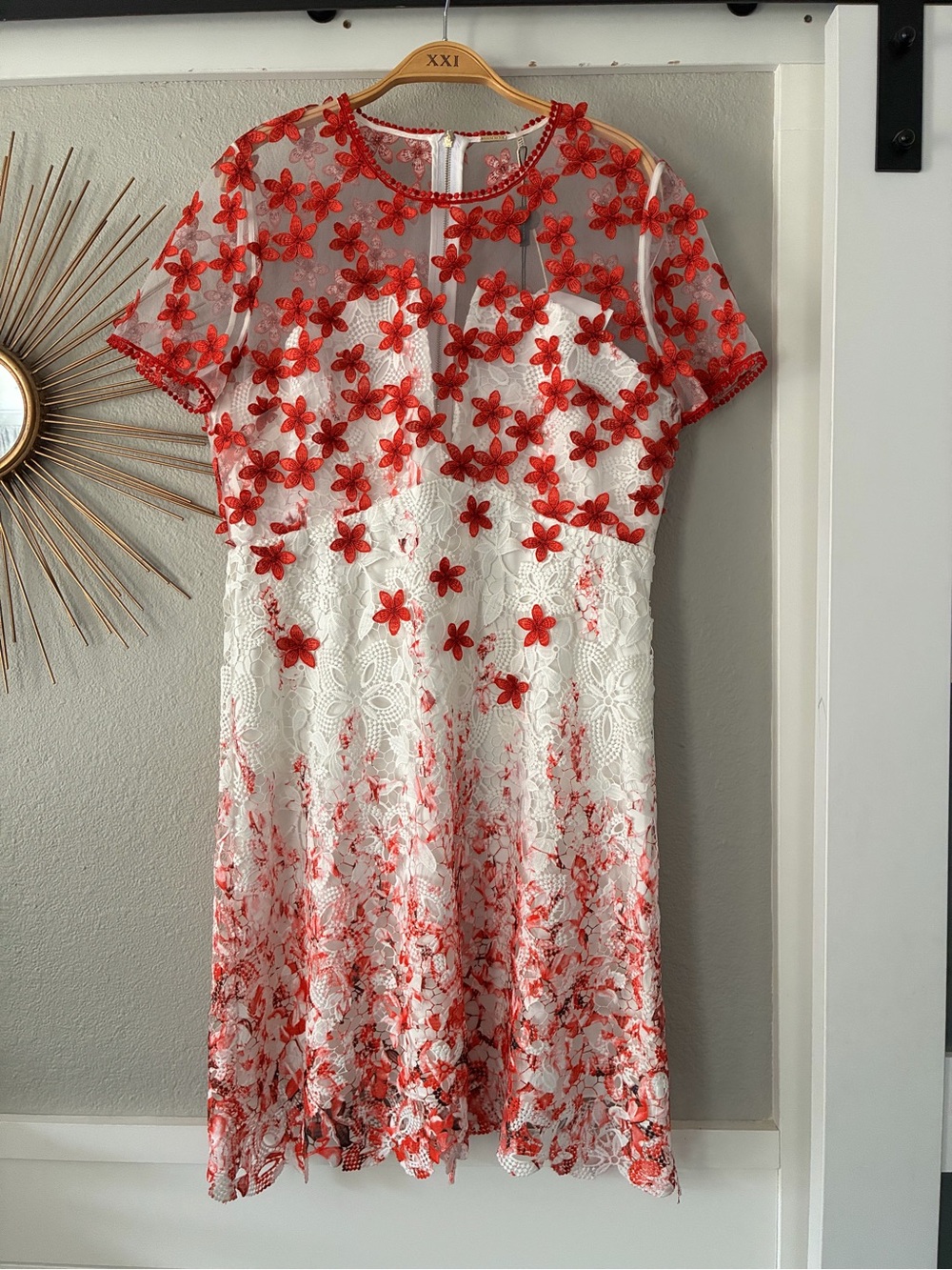 Elie Tahari White and Red Floral Lace Midi Dress